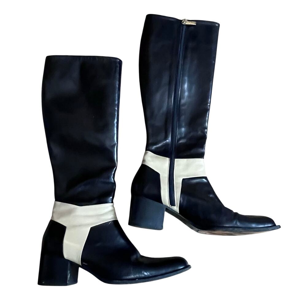 Monica Magli Italy Leather Knee Boots 37 Black Beige Two Tone Zip Block Heel